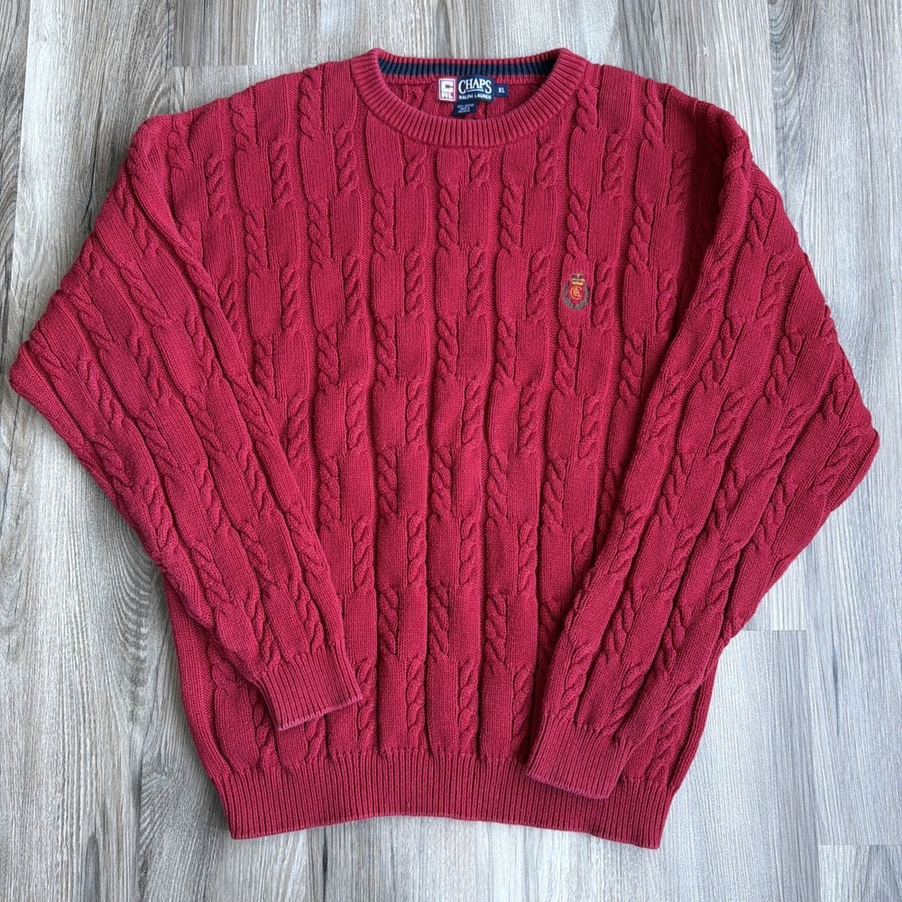Vintage Chaps Ralph Lauren Sweater Mens XL Red‎ Long Sleeve Cable Knit Crest
